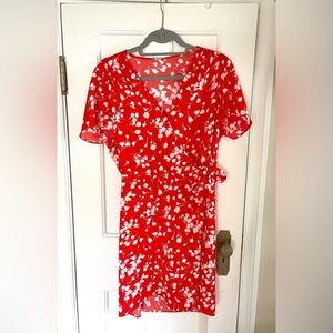 J Crew red & white,floral wrap dress
